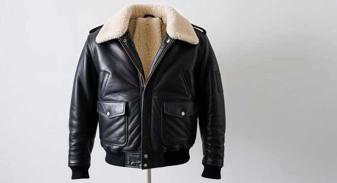 Black leather aviator jacket with shearling collar on plain white background