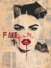 Fake news trendy vintage collage conception. Halftone lips, eyes. Woman. Retro newspaper and torn paper. Elements for banners, poster, sosial media. Halloween vibe.