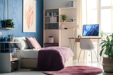 Interior of teenager's room with bed, shelf unit and workplace