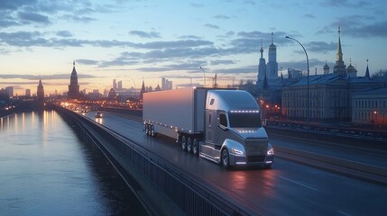 Naklejka premium A semi-trailer truck drives on a highway bridge over a river at dusk with a city skyline in the background.
