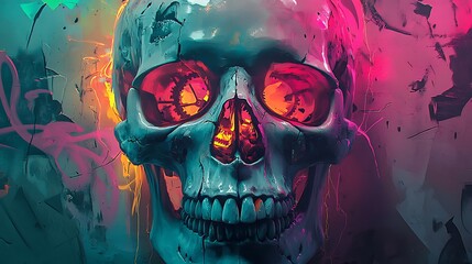 A skull fused with mechanical gears and cogs, glowing neon wires wrapping around its surface. The graffiti background features vibrant splashes of color like pink, green, and orange,