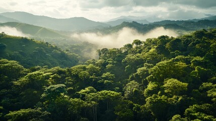 Fototapeta premium Lush green forest with rolling hills and misty mountains in the background.