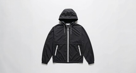 Black windbreaker jacket with zip front on plain white background