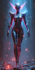 Cyberpunk female warrior in glowing suit.