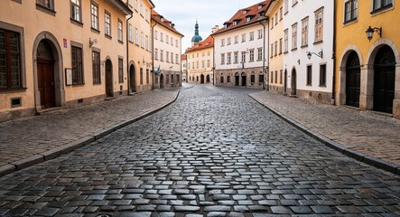 Naklejka premium Cobblestone street winding through quiet old town square