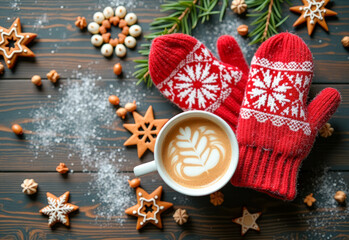 Fototapeta premium Christmas background, gingerbread cookies red mittens coffee cup spruce branches snow balls, top view