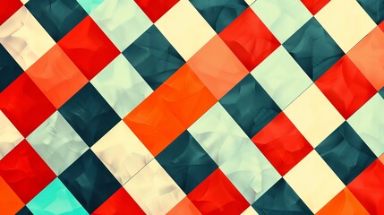 Abstract geometric pattern with square tiles in red, orange, blue, and white.