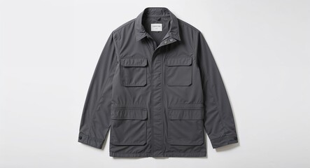 Dark grey utility jacket with chest pockets on plain white background
