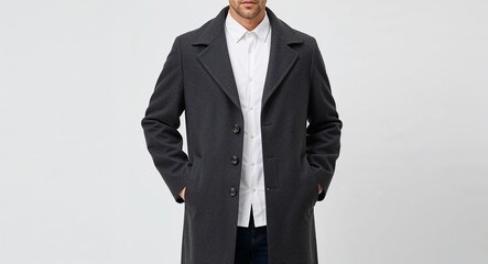 Dark grey wool overcoat with button front on plain white background