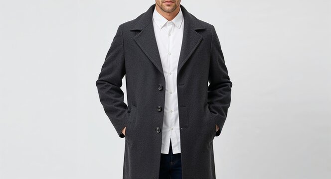 Dark grey wool overcoat with button front on plain white background