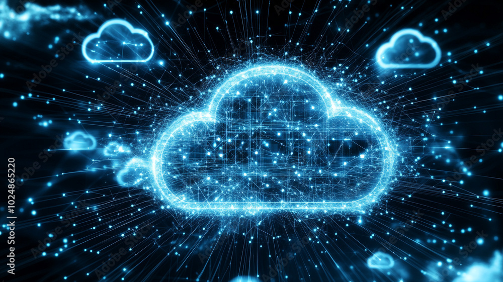 Poster digital cloud concept with glowing lines and particles representing data transfer in technology