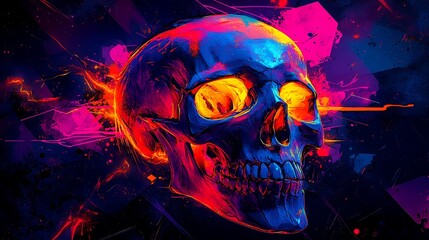 Fototapeta premium A skull made up of geometric shapes like cubes, hexagons, and triangles, covered in swirling abstract graffiti lines and vibrant splashes of color. The neon hues—electric blue, magenta,