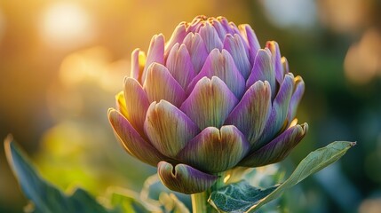 A single artichoke blossom in a garden setting, with the sun shining behind it.