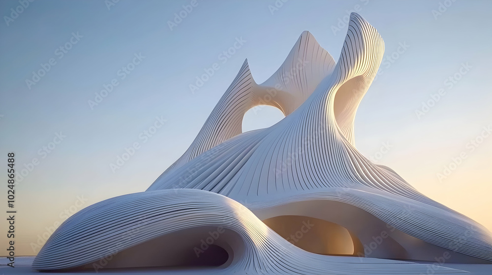 Poster abstract white futuristic architecture with flowing lines and curves against a clear sky.