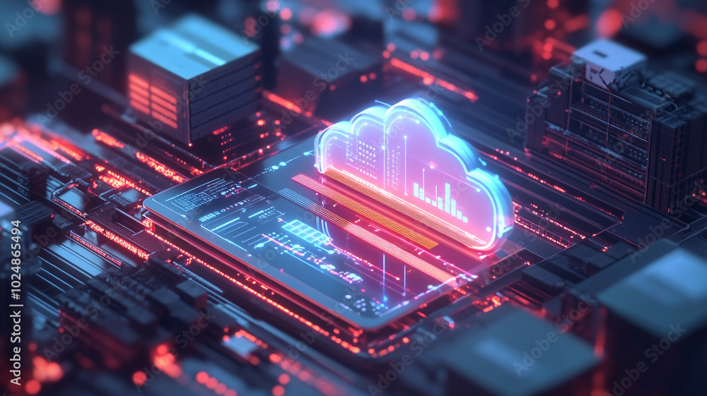 Poster advanced technology illustration depicting cloud computing on a circuit board in a digital landscape