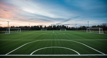 Fototapeta premium Empty soccer field with goalposts standing in the distance