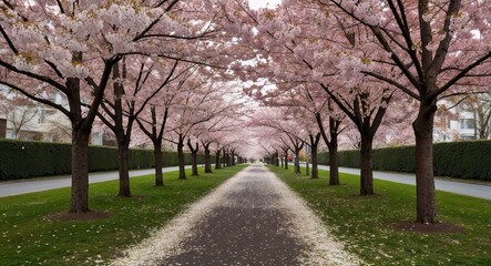Naklejka premium Fallen petals from cherry blossom trees scattered across path
