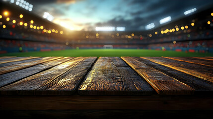 A wooden surface in the foreground of a sports stadium at sunset.