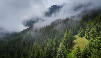 forested mountain slope in low lying cloud