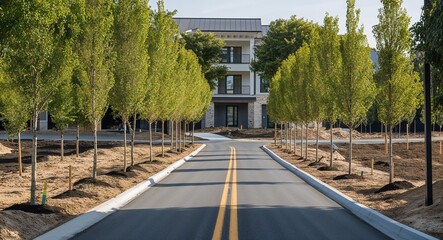 Fototapeta premium Freshly planted trees lining the road of a new development