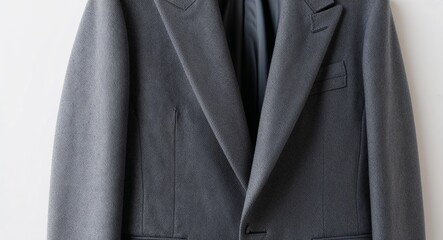 Grey wool blazer with slim lapel on plain white background