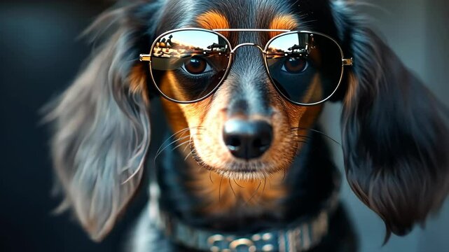 A black and brown dog wearing sunglasses looks directly at the camera