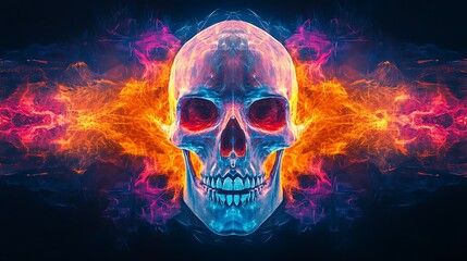 A skull perfectly mirrored on a reflective graffiti surface, with symmetrical lines and neon colors like cyan, orange, and pink blending into the reflection.