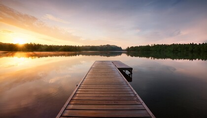 Fototapeta premium a dock extends into a calm lake at sunset