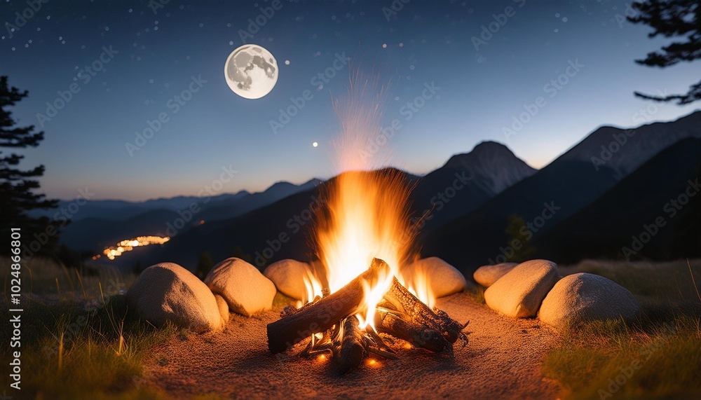 Canvas Prints as the moon rises behind the mountains a campfire creates a cozy and romantic setting with bokeh len