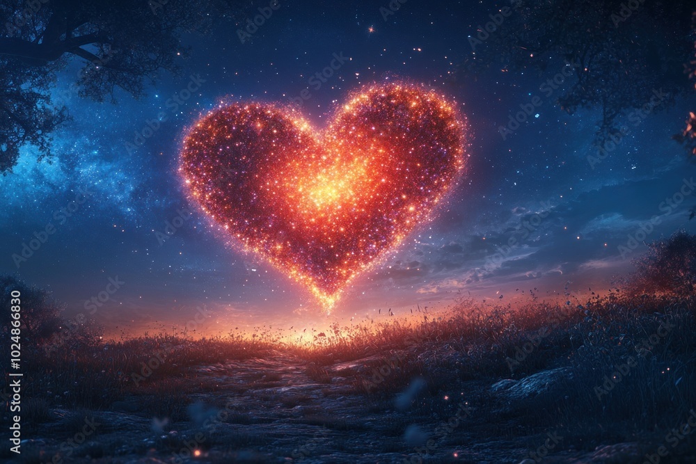 Poster a glowing heart shape formed by sparkling particles floats in the night sky over a field of grass an