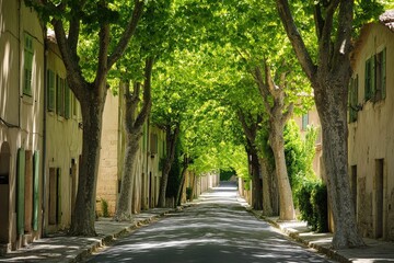 Tree Lined Street. Charming Historic French Village in Provence with Picturesque Shade