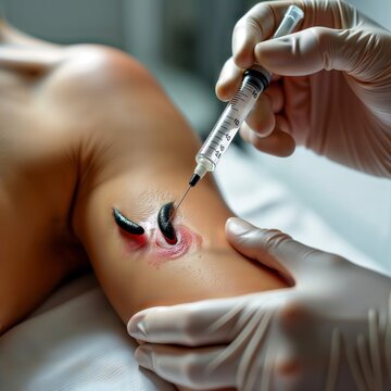 Leech therapy procedure. A healthcare professional administers an injection near leeches on a person's arm during a medical procedure, with visible skin inflammation.