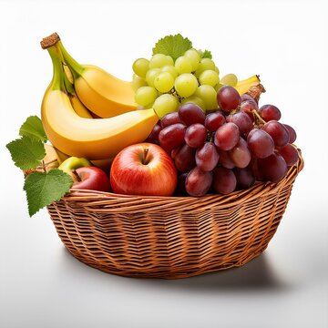 basket full of healthy fresh frutis grapes banana and apples isolated on a transparent background