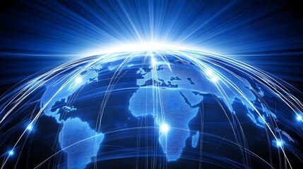 a digital globe illuminated with interconnected lines and nodes, set against a deep blue background. The representation highlights global connectivity and data exchange