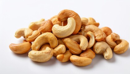 Fototapeta premium a pile of cashew nuts isolated on a white background the cashews are roasted and salted they are in a variety of shapes and sizes