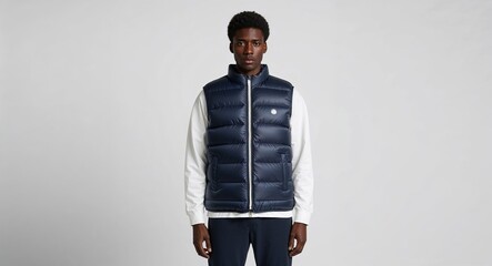 Navy quilted puffer vest with front zipper on plain white background