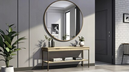 Modern hallway with a large mirror and a closed shelf
