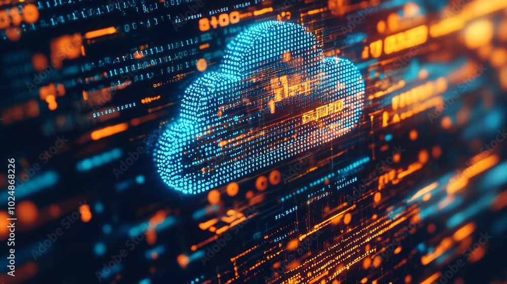 Poster digital cloud symbol surrounded by glowing data streams on a futuristic background