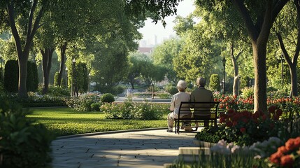 A serene park scene featuring an elderly couple enjoying a peaceful moment together on a bench surrounded by vibrant greenery.