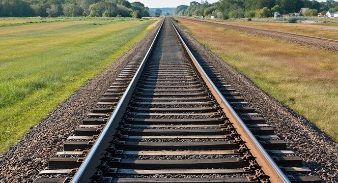 Railroad tracks stretching into distance past a grassy field