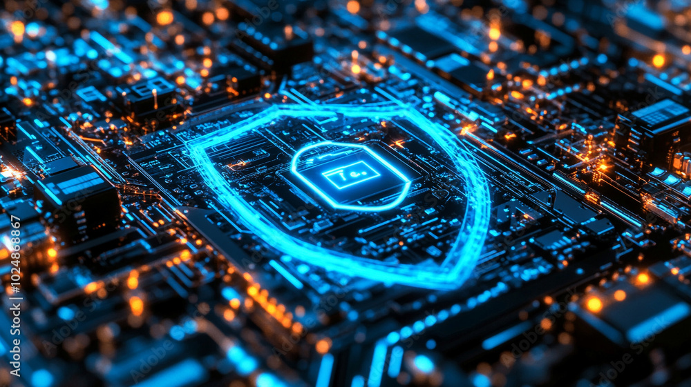 Poster detailed close-up of a futuristic circuit board with a glowing shield symbol representing security