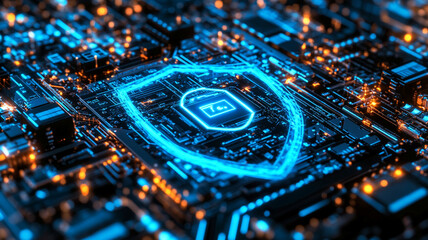Fototapeta premium Detailed close-up of a futuristic circuit board with a glowing shield symbol representing security