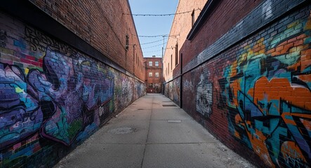 Fototapeta premium Shaded alleyway with graffiti covering brick walls