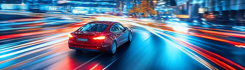 Obraz premium Red car driving fast through city at night with blurred light streaks.