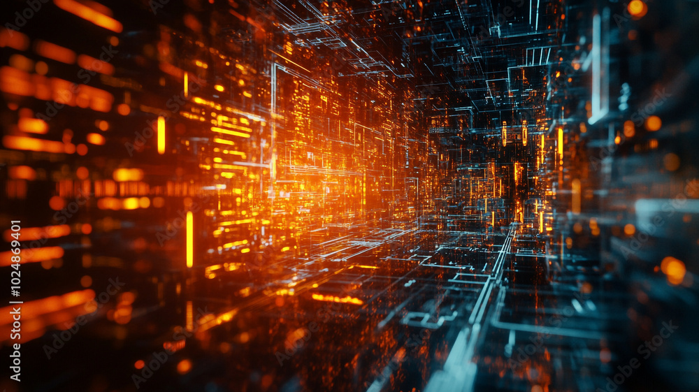 Poster dynamic display of bright orange and blue digital circuitry in a futuristic 3d abstract environment