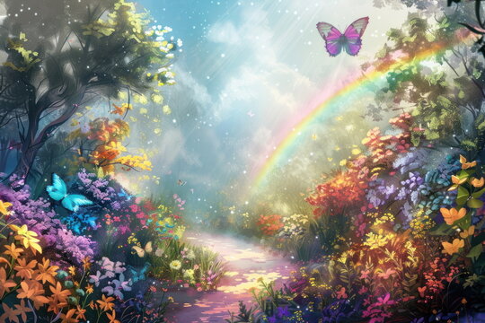 garden drawing with rainbow, beautiful flowers with butterfly, autumn, illustration
