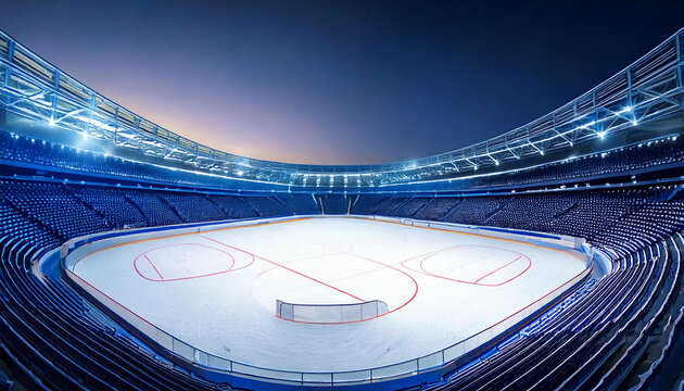 3D render of an empty ice hockey rink with illuminated surroundings and designed as a flyer for advertising a sports event, showcasing the concept of season ticket sales for a local ice hockey team.