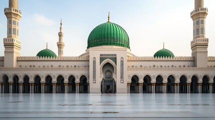 Fototapeta premium Exterior view of a mosque with a large green dome and symmetrical minarets under a clear sky