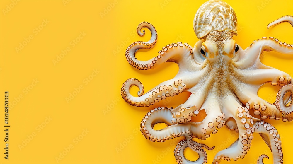 Poster an octopus on a yellow background with copy space on the left side.