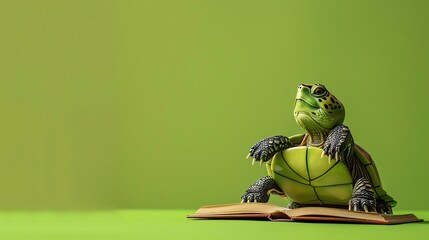 A cartoon turtle sitting on a book and looking up.